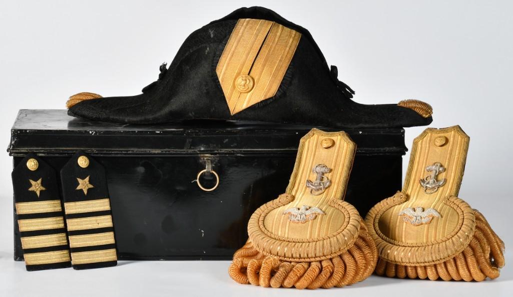 US Navy Epaulettes, Shoulder Straps, and Chapeau In Original Tin Storage Box (1 of 4)