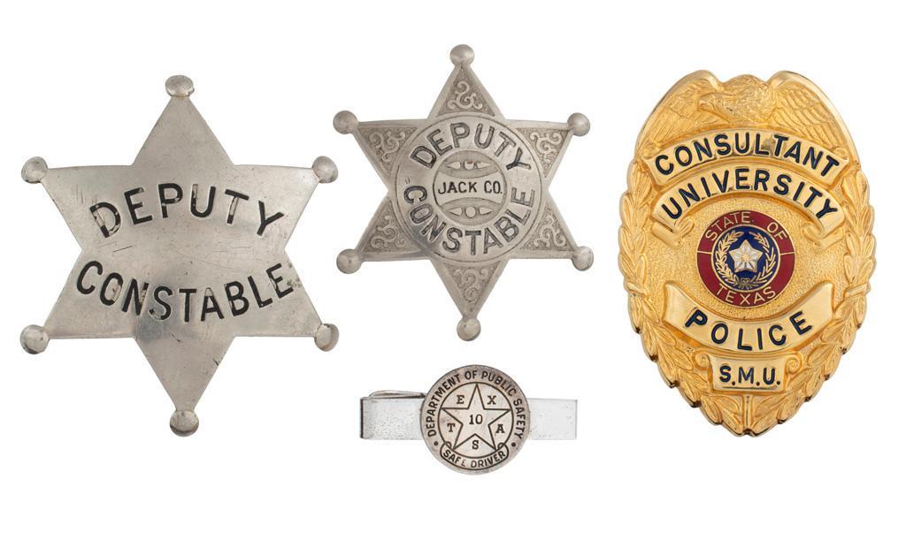 Lot of Police Badges of Texas Ranger Jay Banks: Lot consists of several badges and insignia from the collection of Texas Ranger Captain Jay banks, the largest measuring 1.75' x 2.75". Includes consultant badge from Southern Methodist University, an