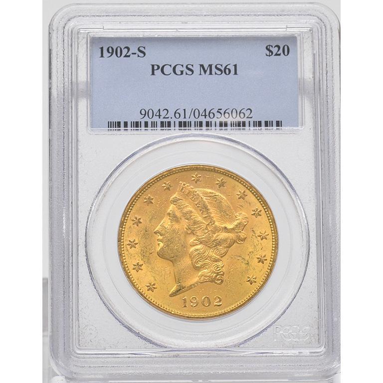1902 United States Twenty Dollar Liberty Gold Coin: A 1902 United States twenty dollar Liberty gold coin "S" marked PCGS MS61