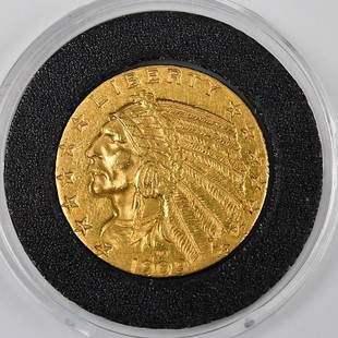 1909 United States Five Dollar Indian Head Gold Coin: A 1909 United States five dollar Indian Head gold coin marked B.L.P for Bela Lyon Pratt ungraded but very high quality