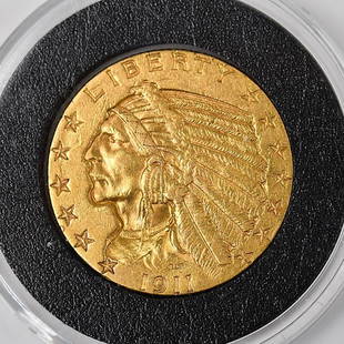 1911 United States Five Dollar Indian Head Gold Coin: A 1911 United States five dollar Indian Head gold coin marked B.L.P for Bela Lyon Pratt ungraded but very high quality