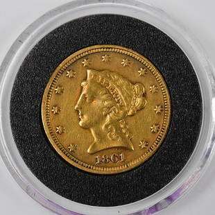 1861 United States Two and Half Dollar Liberty Gold Coin: A 1861 United States two and half dollar Liberty gold coin marked B.L.P for Bela Lyon Pratt ungraded but very high quality