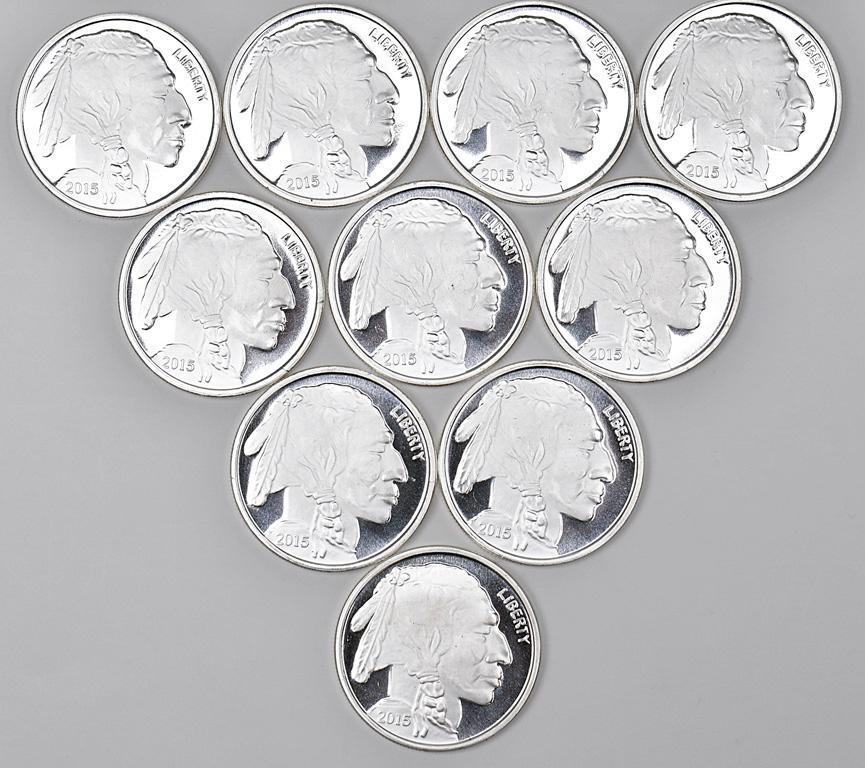 A Group of 10 2015 Indian Head Buffalo 1oz. Silver Coins (1 of 2)
