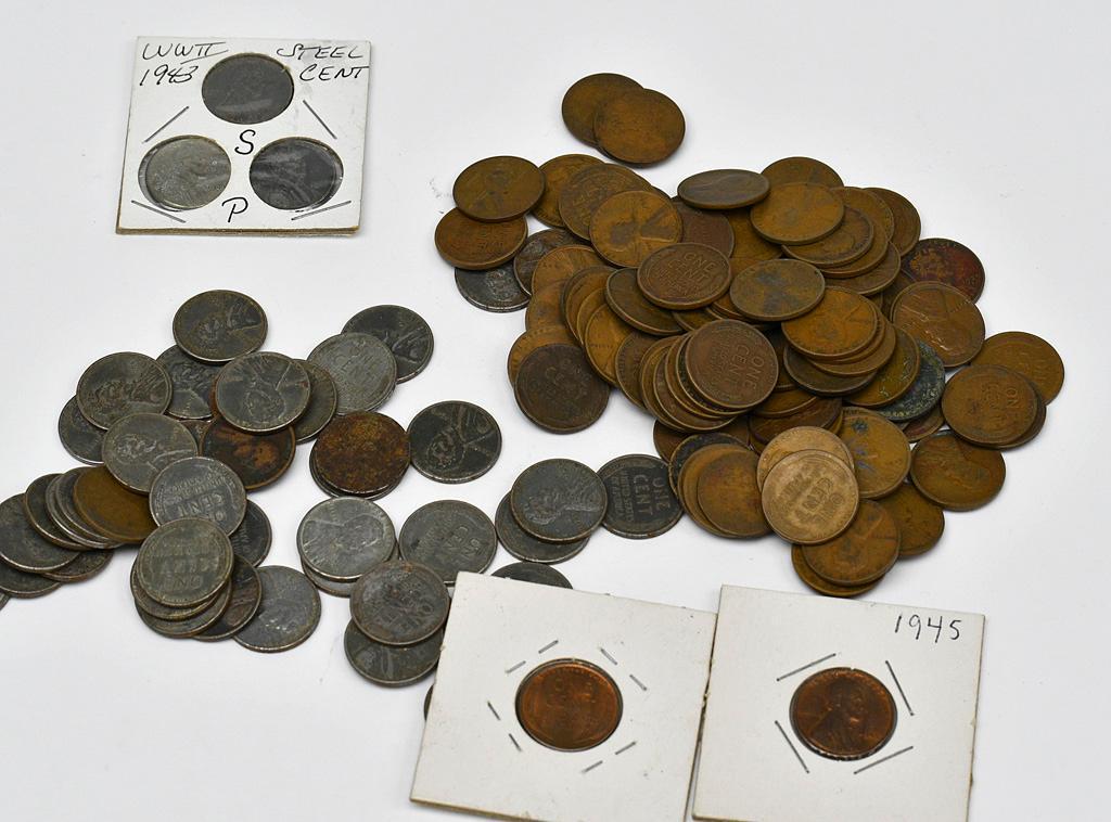 A Grouping of Steel and Wheat Pennies: A collection of steel pennies, most dates are from 1943, a total of 42 Steel pennies & 82 Wheat pennies. Overall good condition.