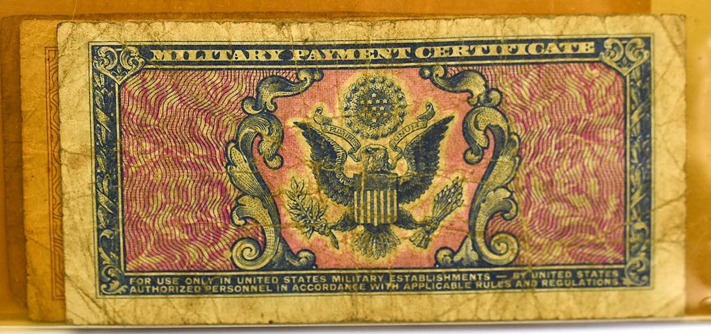 A Group of United States and British Military Payment: United States military payment paper of three 5 cents, British paper money of 1 shilling, 5 & 6 pences, 11 one pound bills and a single ten shilling bill. Overall good condition.