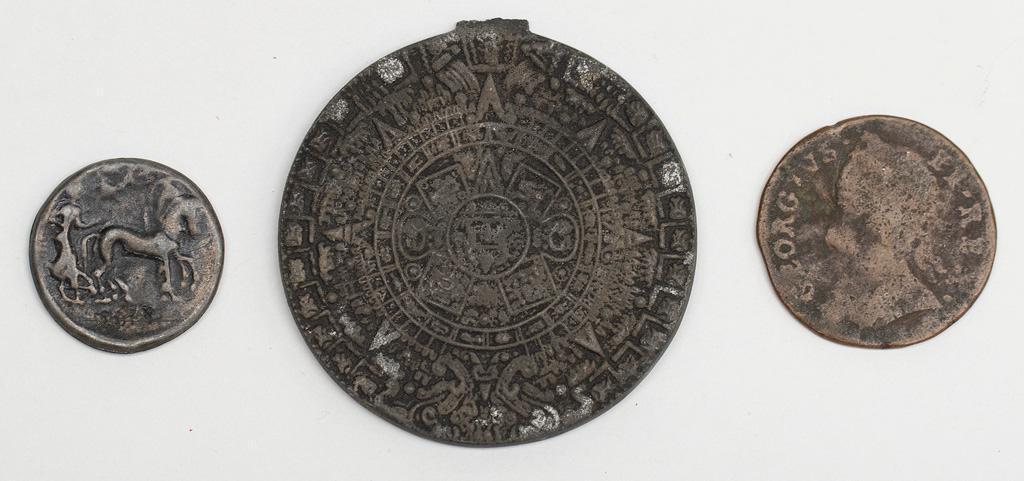 Ancient Aztec & Egyptian Coin: Two ancient coins, likely Aztec and Egyptian. Overall good condition. Wear consistent with age.