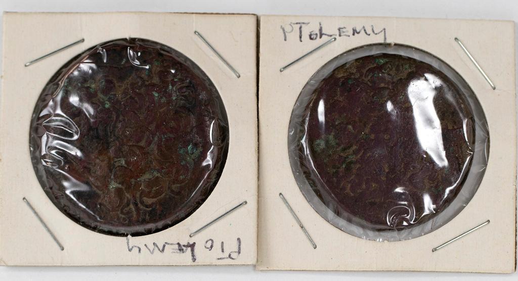 Lot of Two Ptolemy Coins: Lot includes two interesting coins, possibly Ptolemy IV 222-205/4 BC, Bronze 42, Ptolemaic Kingdom. These coins are ancient.