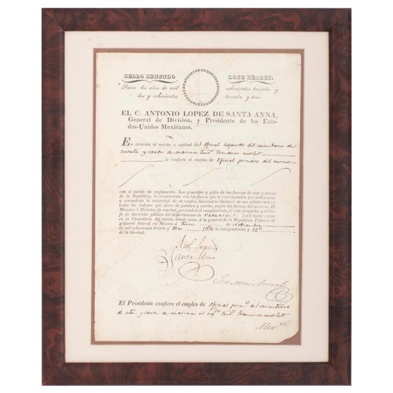 Antonio Lopez de Santa Anna, 1833 Document Signed at President of the United Mexican States: 1p, 8.25 x 11.75 in., dated at the Palacio de goberno federal, Mexico (City), Nov. (3?), 1833, signed boldly "Ant. Lopez Santa Anna," as President of the United Mexican States, with original s