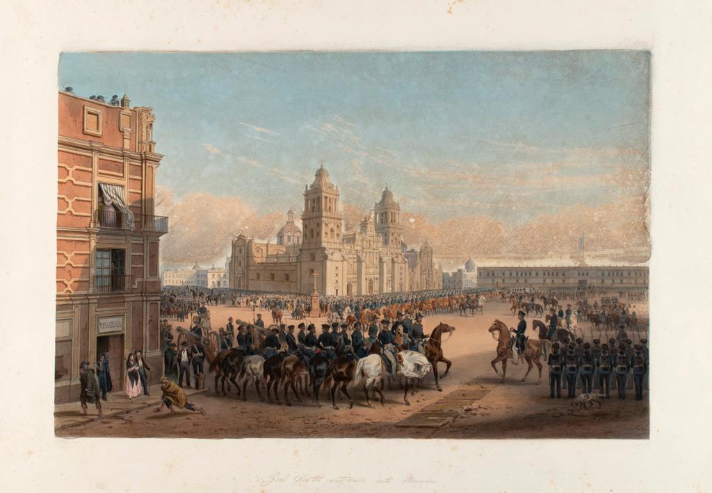 General Scott's Entrance Into Mexico, 1851 Lithograph: C. Nebel fecit, Bayot lith, Image area: 11 x 16.75; overall sheet size trimmed to 15.25 x 21.25. One of 12 lithographs in Kendall's 1851 "The War Between the United States and Mexico Illustrated. Embr
