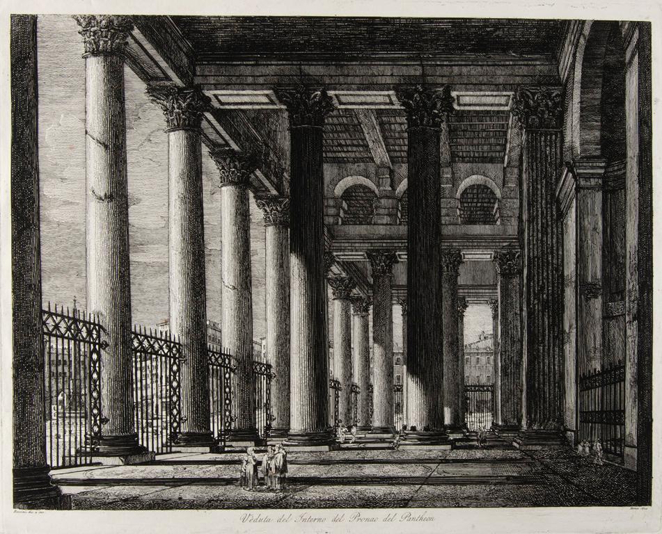 Large Etching by Luigi Rossini (Italian, 1790-1857) Venduta del Interno del Pronao del Pantheon (1 of 3)