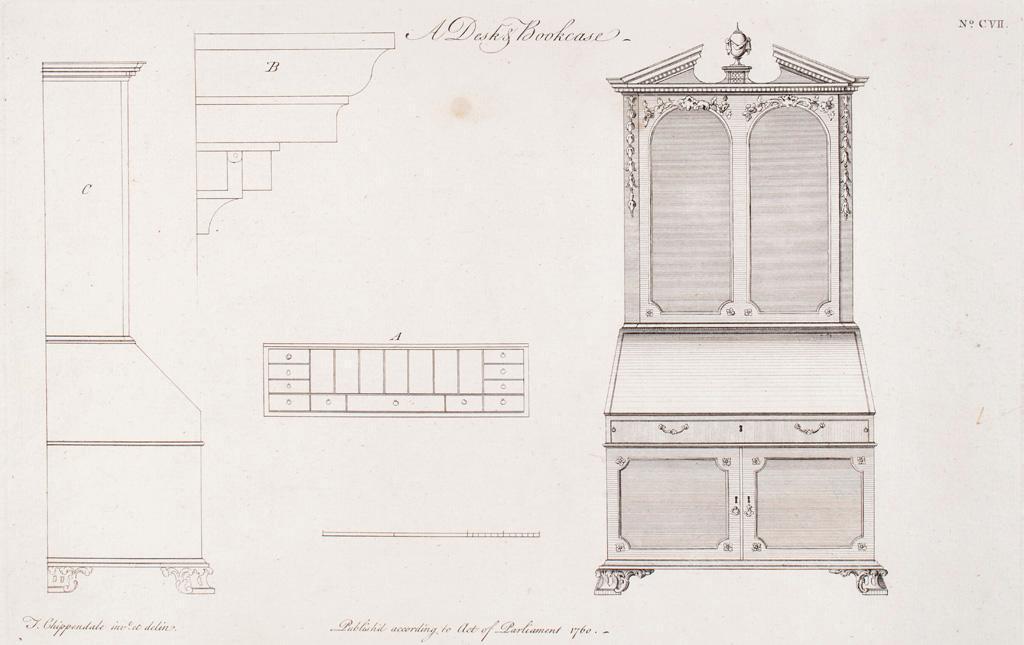 Three Furniture Study Engravings by Thomas Chippendale (British, 1718-1779): Gothic bed No. XLIV, a desk bookcase No. CVII, a bed No. XXXVIII engravings on paper Thomas Chippendale inv. et delin M. Darly & J. Taylor sculp. published according to act of parliament 1759 &