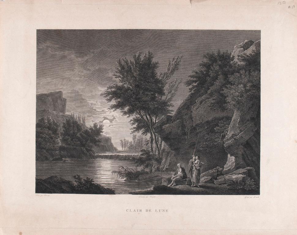 18th Century Landscape Engraving by Robert Daudet (1737-1824): Clair de Lune engraving on paper peint par Vernet dessinÃ© par Foncher engrave par Daudet 14 x 18 inches (paper) unframed Overall good condition. Minor wear and foxing.