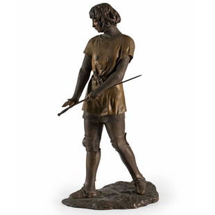 A Joan of Arc Bronze Sculpture by Claire Colinet (French): Joan of Arc bronze sculpture singed C.J.R. Colinet on base of sculpture ht. 22, wd. 11, dp. 8 inches Overall very good condition. Provenance: Den of Steven Auctions Louisville, Kentucky.