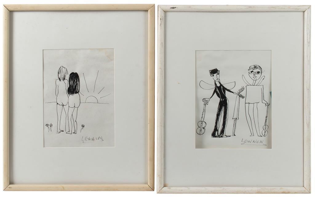 Two Ink Drawings on Paper Signed Lennon: Male and Female Nude Figures at Sunset and figures with guitars signed Lennon l.r. 8.5 x 11 inches (sight) 21 x 17 inches (frame) Overall good condition. Possible works of John Lennon of the Beatles.