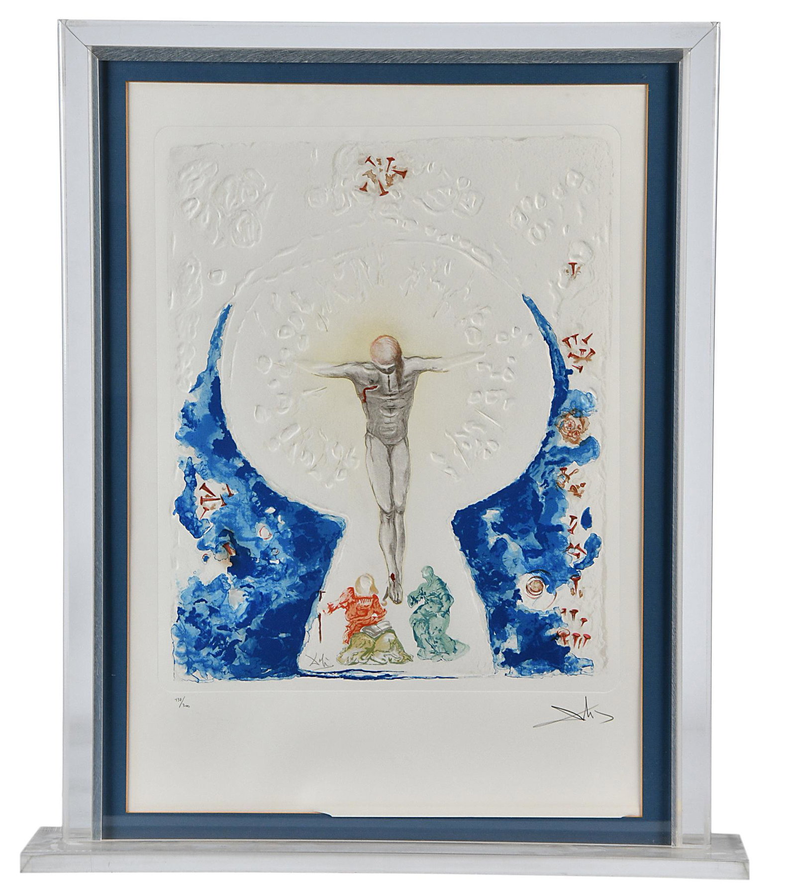 An Intaglio of Christ by Salvador Dali (1904-1989): Christ Crucified colored lithograph and intaglio mirrored image on verso signed l.r. 137 of 300 20.5 x 16.5 inches (litho) 29 x 22 inches (paper) Overall good condition.
