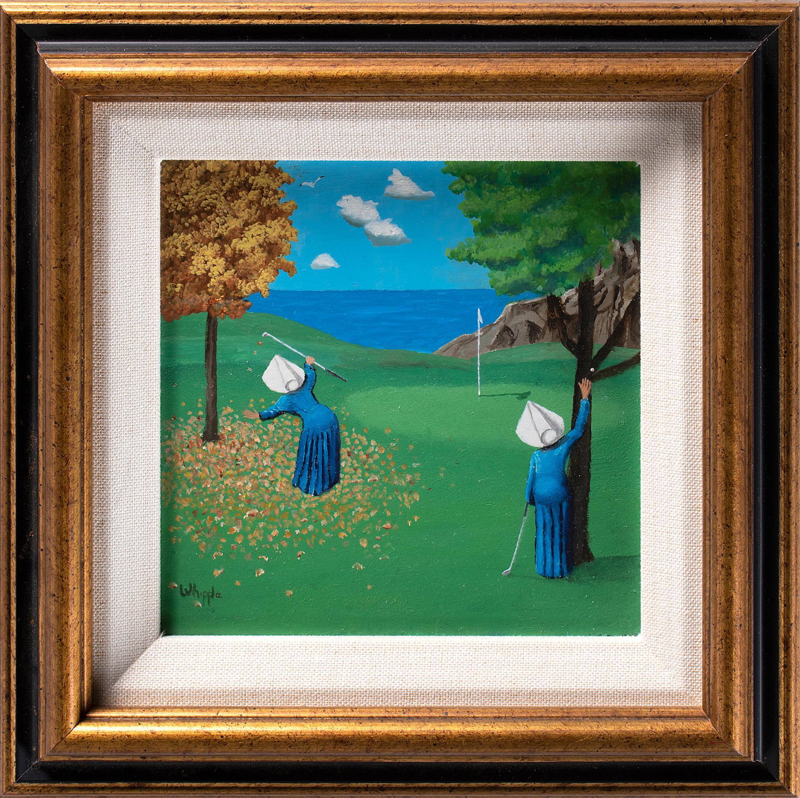 Oil on Board Golf Scene by Frank Whipple: Lost Ball oil on board signed l.r. 4.75 x 4.75 inches (sight) 8 x 8 inches (frame) Overall good condition.