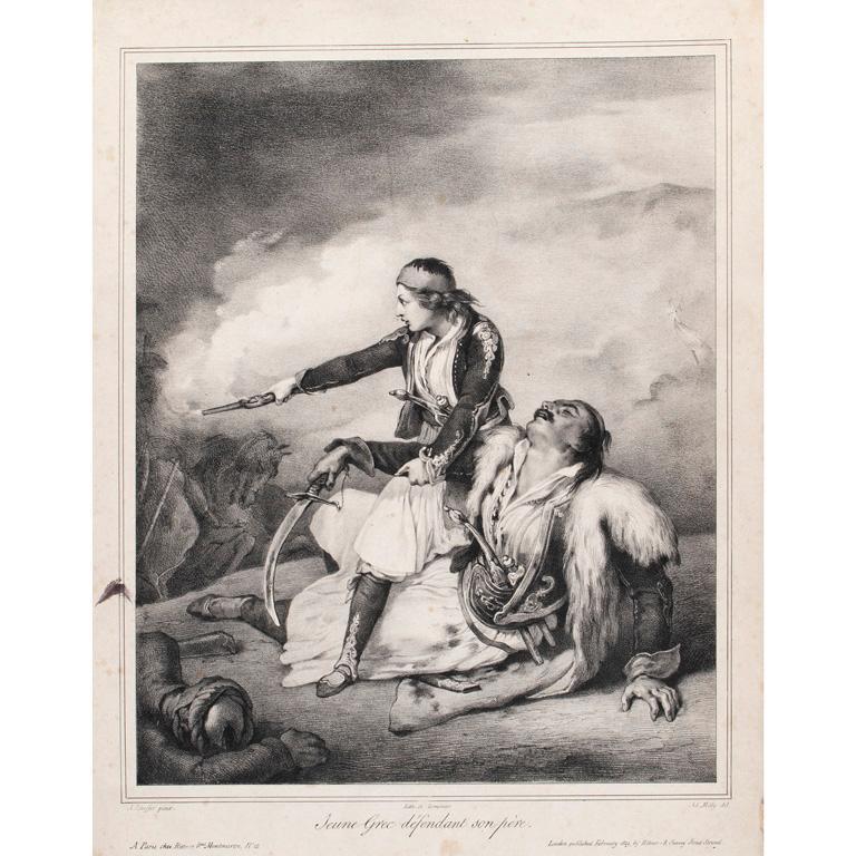 Juene Grec Defendant Son Pere Lithograph by Ary Scheffer (1795-1858): Juene Grec Defandant Son Pere lithograph on paper A. Scheffer Pinx- lith de Lemercier- Ad Midy del Paris and London published February 1829 by Rittner 13 x 10 inches (paper) Overall good condition. Pe