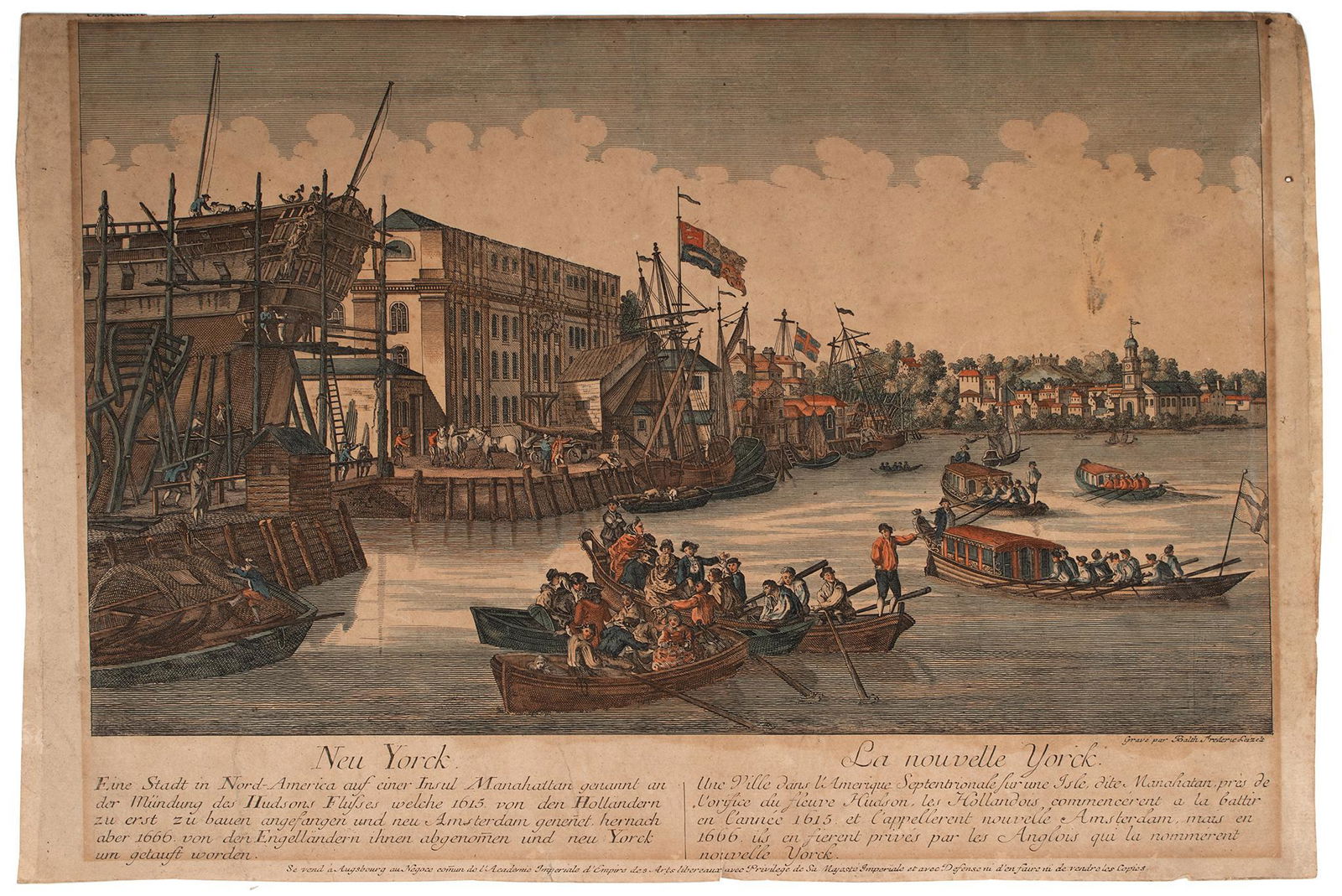 Neu Yorck/La Nouvelle Yorck colored engraving on paper grave par Balth Frederic Leizelt (Act. (1 of 1)