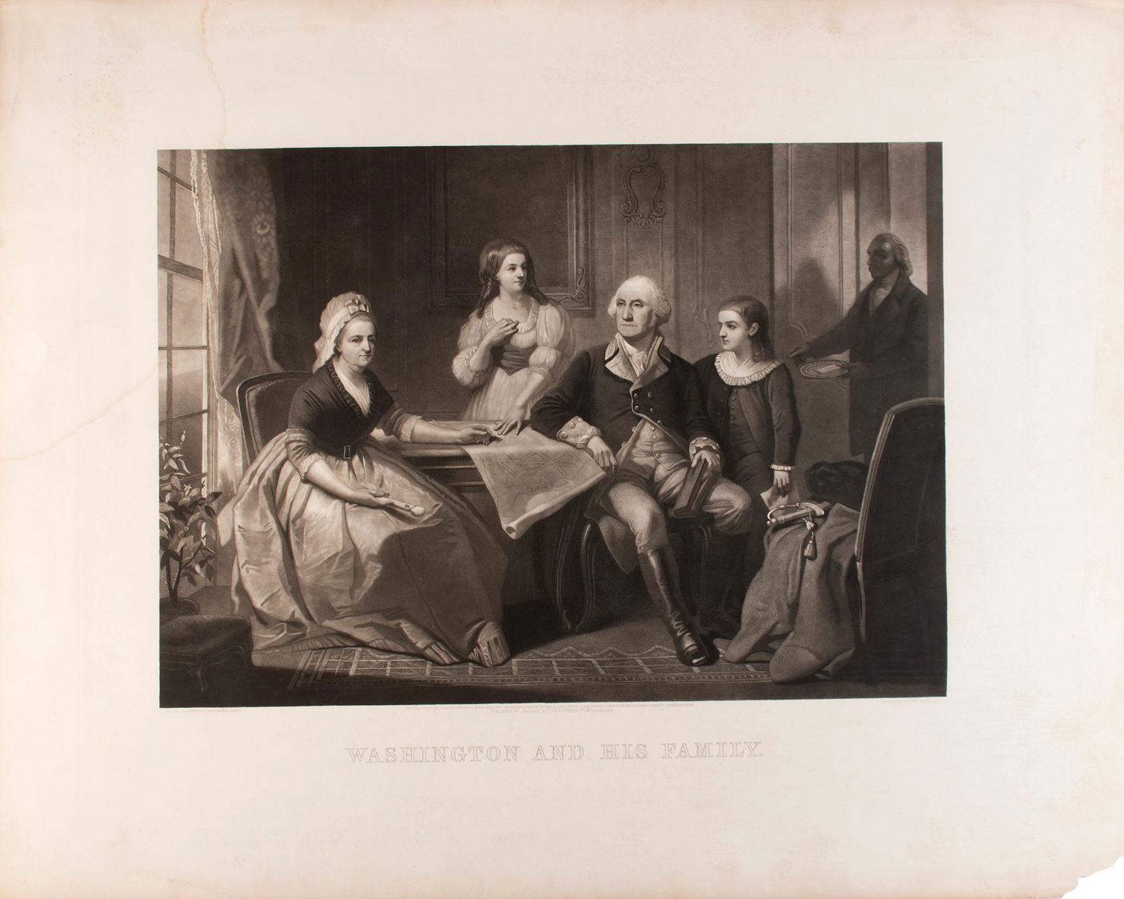 Washington and His Family mezzotint engraving on paper after Christian Schussele (1824-1879): Washington and His Family mezzotint engraving on paper after Christian Schussele (1824-1879) engraved by William Sartain (1843-1924) published by Bradley & Co. 66 N. Fourth St. Philadelphia 18.5 x 23.