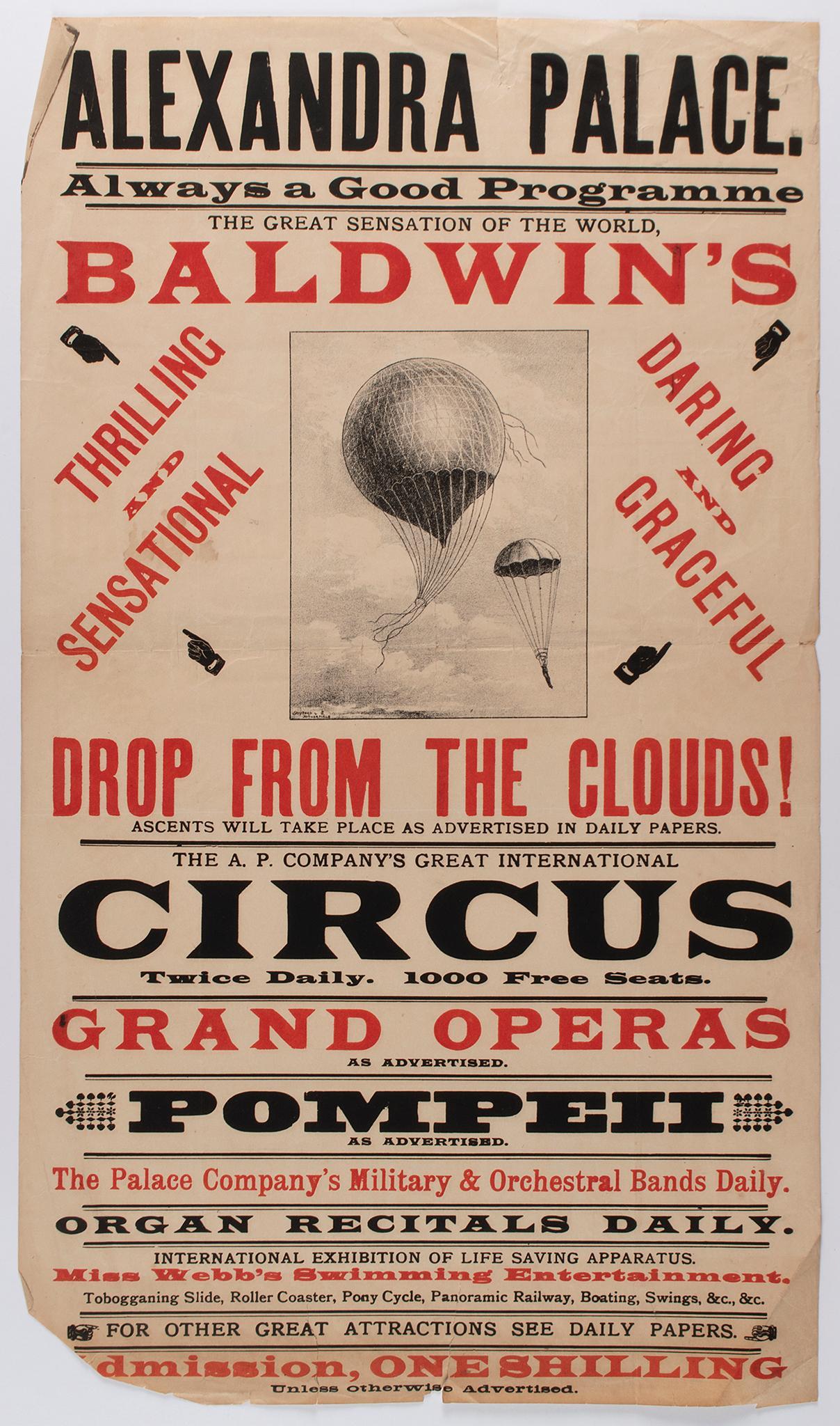 English, 19th century. A broadside advertisement from Alexandra Palace, Baldwins drop from the (1 of 1)