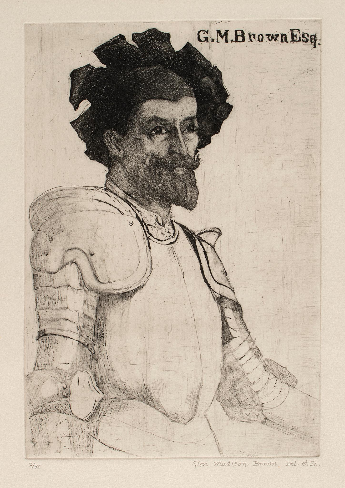 knight in Armor etching on paper Glen Madison Brown Esq. 2 of 30 8.75 x 6 inches (plate) 12 x 10 (1 of 2)