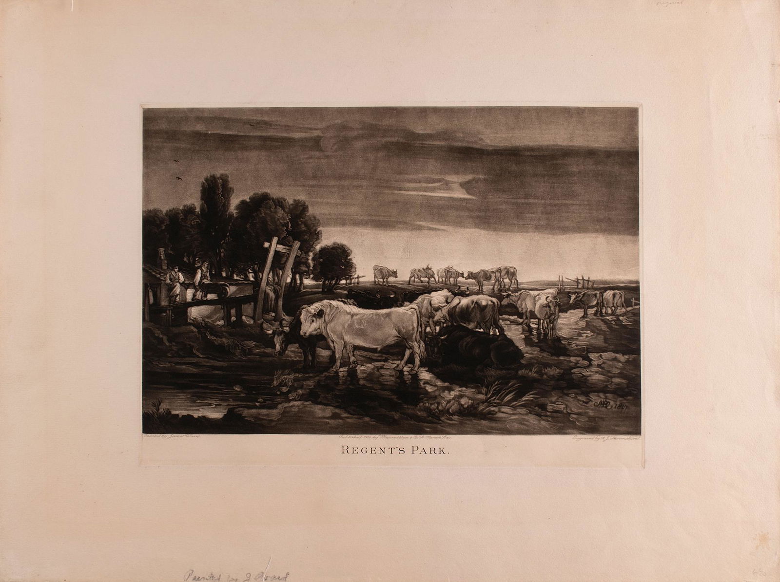 Regents Park mezzotint on paper painted by James Ward engraved by J Schrimshire published by: Regents Park mezzotint on paper painted by James Ward engraved by J Schrimshire published by Macmillan & Co. 11 x 15.5 inches (plate) 18.25 x 24.25 inches (paper) unframed Overall good condition.