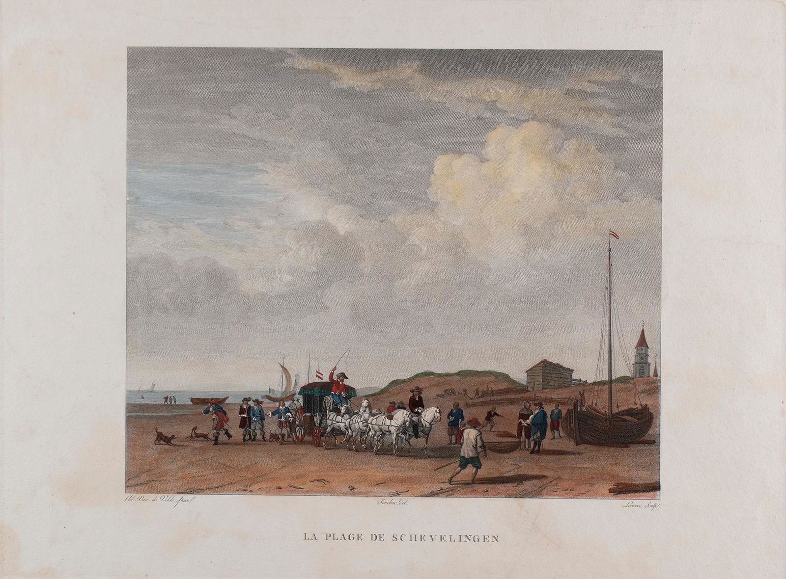 La Plage de Schevelingen colored engraving on paper Van de Velde pinx. Lorieux sculp. 12 x 16.5 (1 of 3)