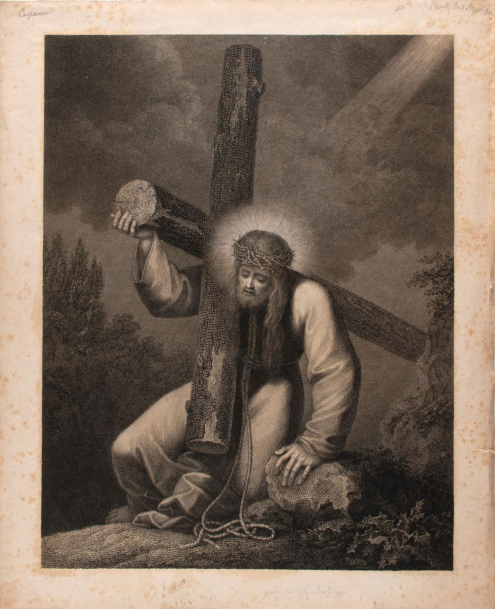 Crucifiction of Christ engraving on paper Riva pinx. Francesco Bartolozzi (1728-1815) 18.5 x 15: Crucifiction of Christ engraving on paper Riva pinx. Francesco Bartolozzi (1728-1815) 18.5 x 15 inches (paper) unframed Overall good condition. Spot stains along margins.