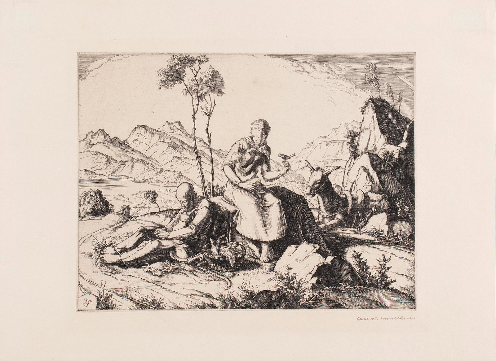 Flight into Egypt etching on paper Carl Max Schultheiss (German 1885 - 1961) signed 'Carl M. (1 of 3)