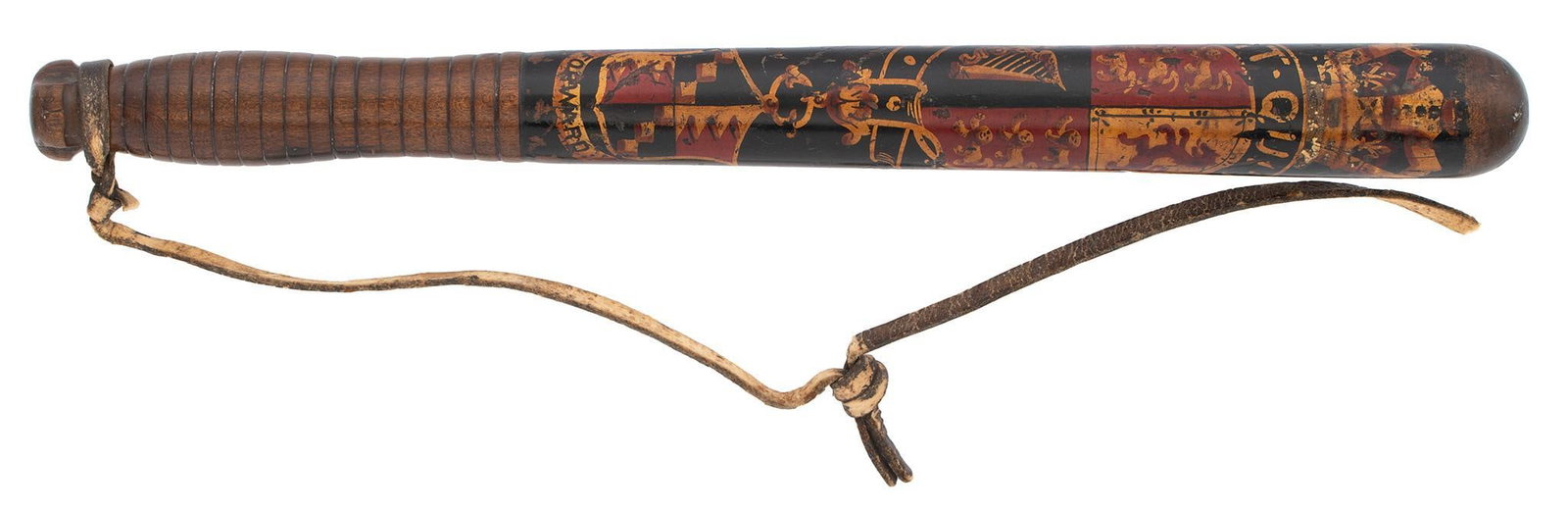 A 19th Century Painted British Police Truncheon: Circa 1880 - Rare near mint condition with almost no paint wear. Painted with the Royal Crown and Queen Victoria's coat of arms as well as being identified as belonging to the Harleston Constabulary. 