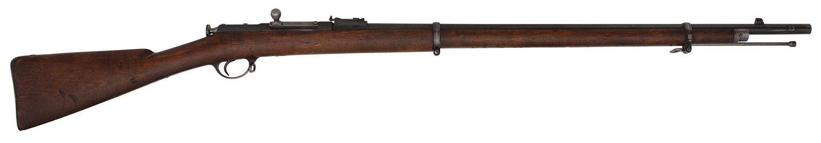 Colt Berdan Russian Military Rifle: .42 centerfire caliber, 32.5" round barrel with bayonet lug on the right side, S/N 28630. Blue barrel, stock bands, buttplate and triggerguard. Blue rear barrel sight. Walnut stock. All metal retains 