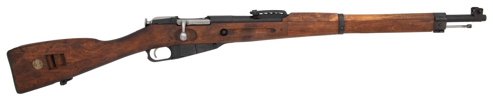 **Rare Mosin-Nagant Finnish M-27 Cavalry Carbine: 7.62 X 54R caliber 25" barrel length, S/N 74175. Blue finish with laminated wood stock and handguard. All metal retains all the original arsenal blue finish. The stock and handguard like new. The bore