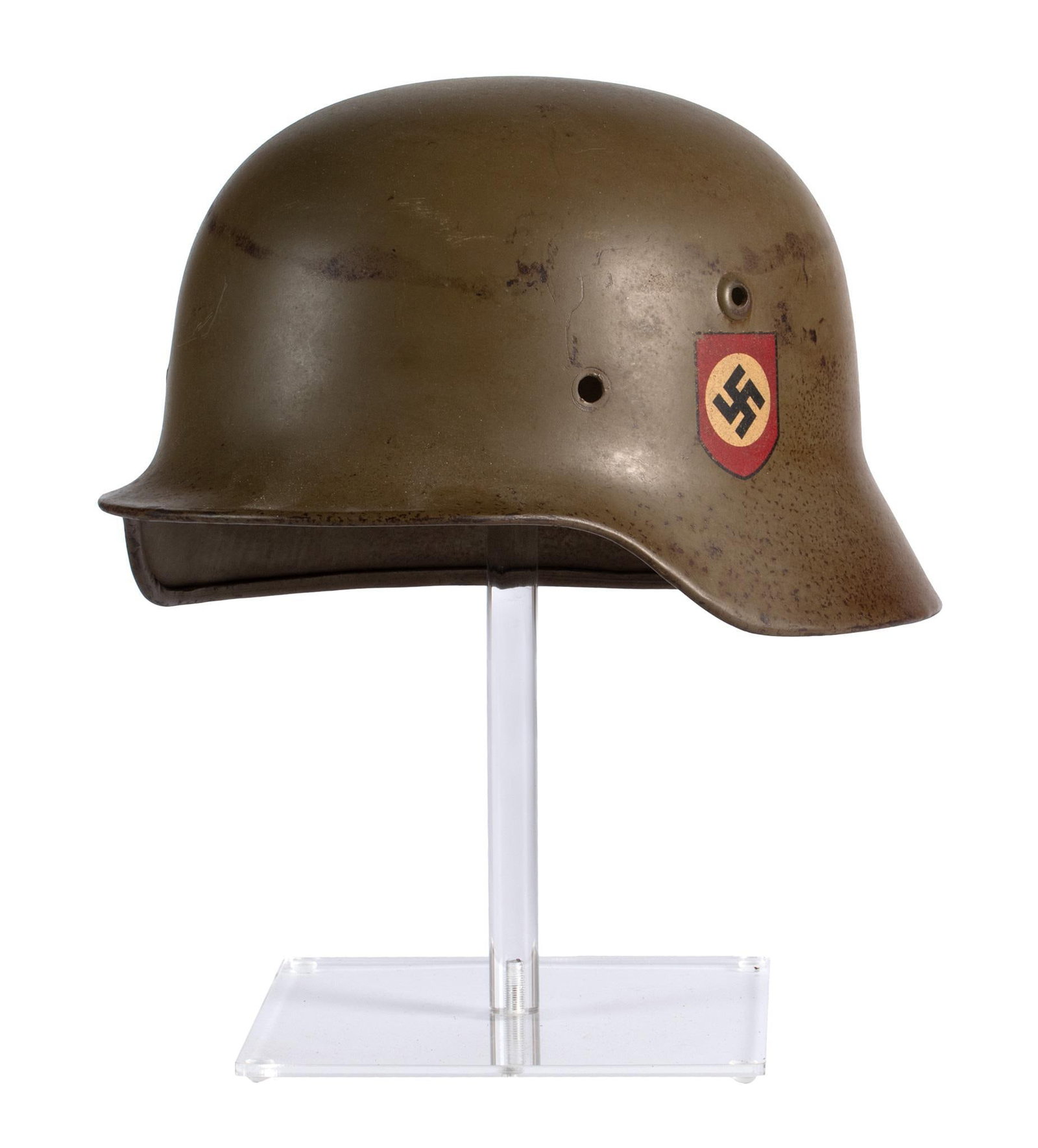 WWII German SS Double Decal Helmet Shell.: This Model 40 Helmet is missing the liner but in good condition. National Decal has slight damage to edge, Early type SS Decal. In Very Good Condition. Est. $1000 - 3000.
