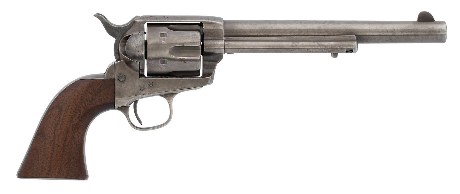 Colt Black Powder Single Action Revolver: .45 caliber, 7.5" barrel length, S/N 76612. One piece walnut grips. All metal is smooth and gray and has been polished and cleaned. The grips have been refinished. Nice action, excellent bore.