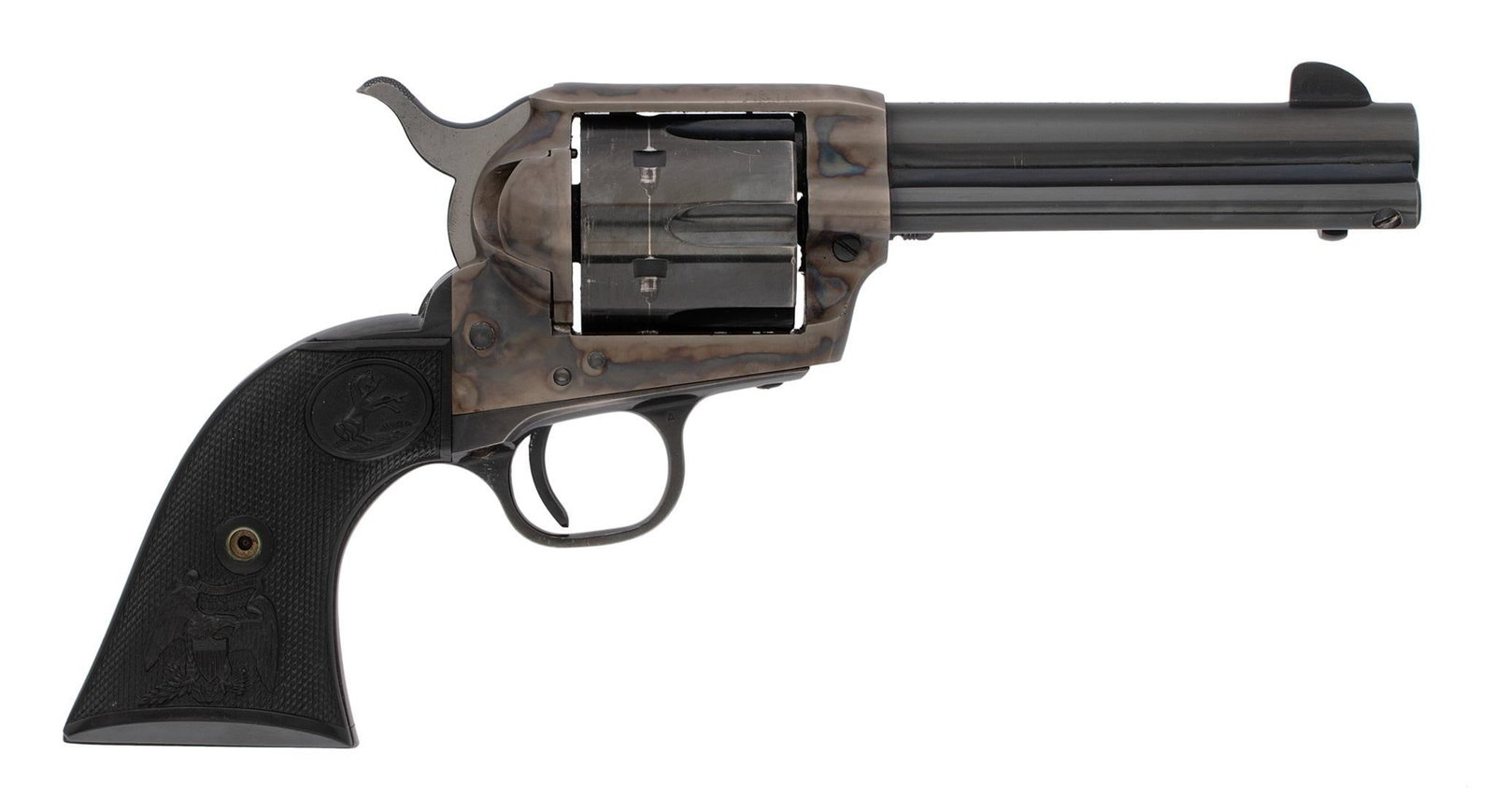 **Colt SA Revolver Second Generation: 45 caliber, 4.75" barrel length, S/N 57805SA (ca. 1970). Blue and case colored finish with hard rubber eagle grips. This revolver retains nearly all of the original finish. A small area of wear at the