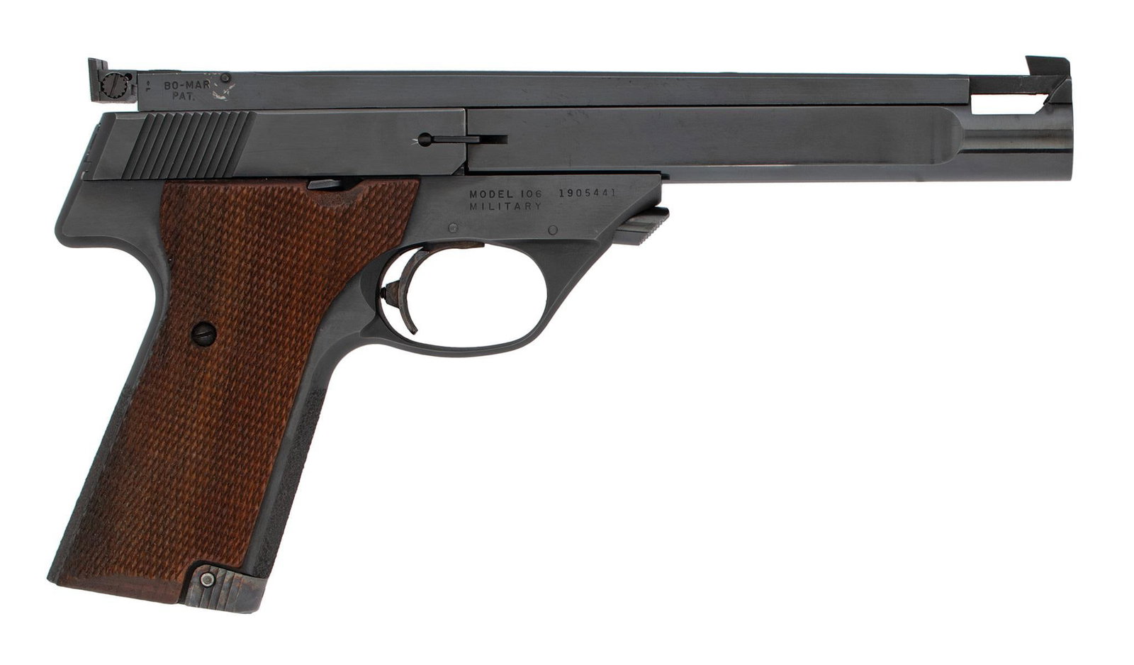 **High Standard Supermatic Tournament Custom Target By Clark LA: .22 caliber, 6.5" barrel length, S/N 1905441. Right side of the frame marked "Model 106" over "Military". Blue finish with checkered walnut grips. Full custom Target by Clark of Shreveport, LA. Pistol