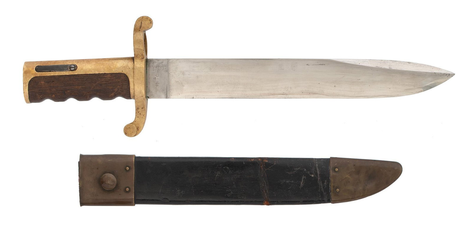 U.S. Dahlgren Bowie Bayonet: 12" clip point blade and marked on the ricasso "Ames Mfg Co, Chicoppee Mass". The reverse with a "Navy Anchor" and "P" over "G". Brass guard and backstrap with wood handle. Leather scabbard with brass