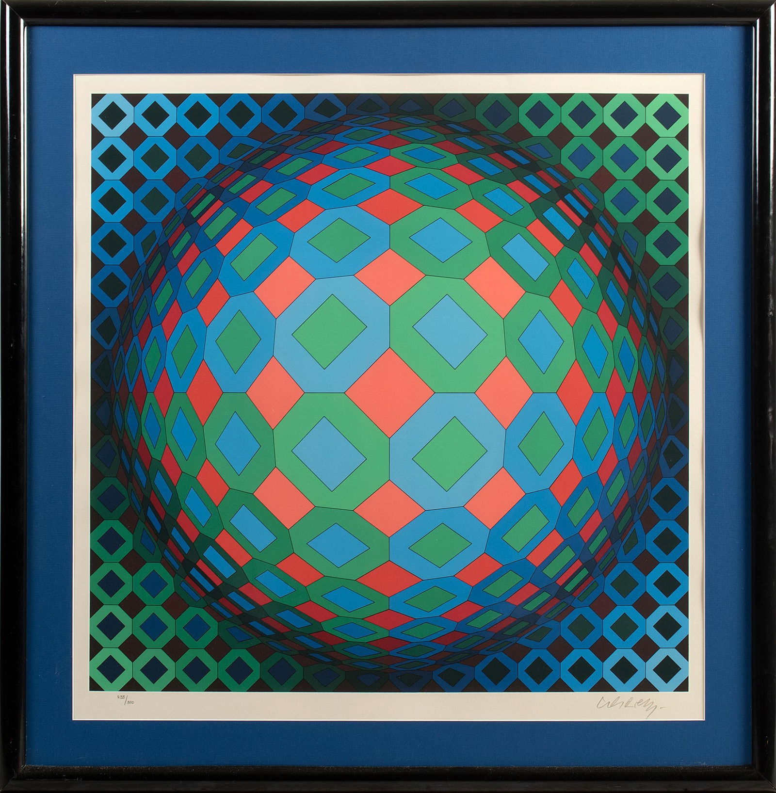 A Victor Vasarely Globe serigraph: Globe Serigraph on paper Pencil signed l.r. 255 of 300 26 x 26 inches (sight) 34 x 34 inches (frame) Overall good condition.