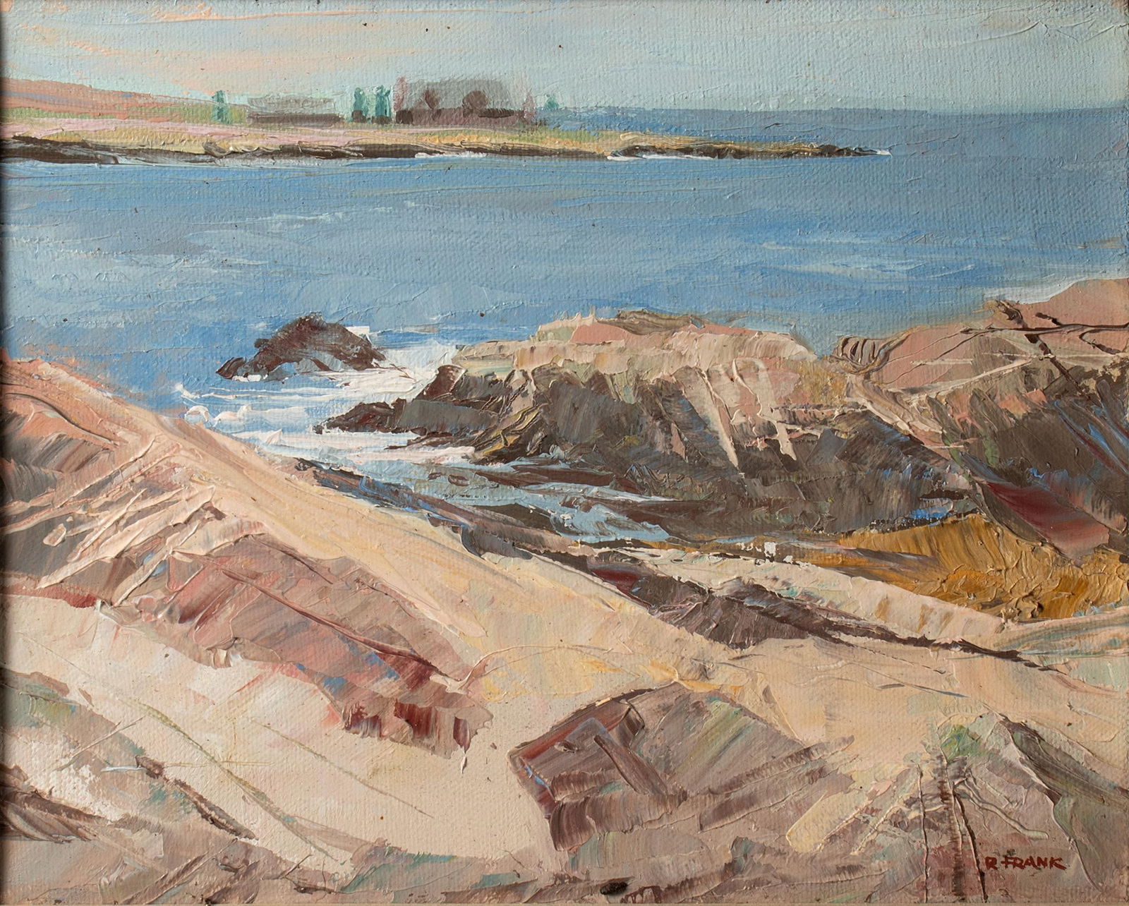 An Oil on Canvas Coastal Landscape by Robert Frank (1902-1975): Coastal Landscape Oil on canvas Signed l.r. 7.5 x 9.75 inches (sight) 17 x 20 inches (frame) Overall good condition.