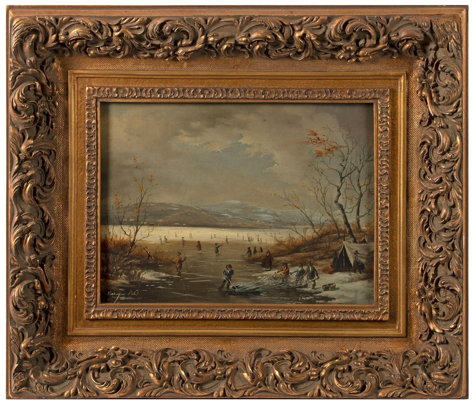 An Oil on Board Winter Ice Fishing Scene Signed Varga (1 of 2)