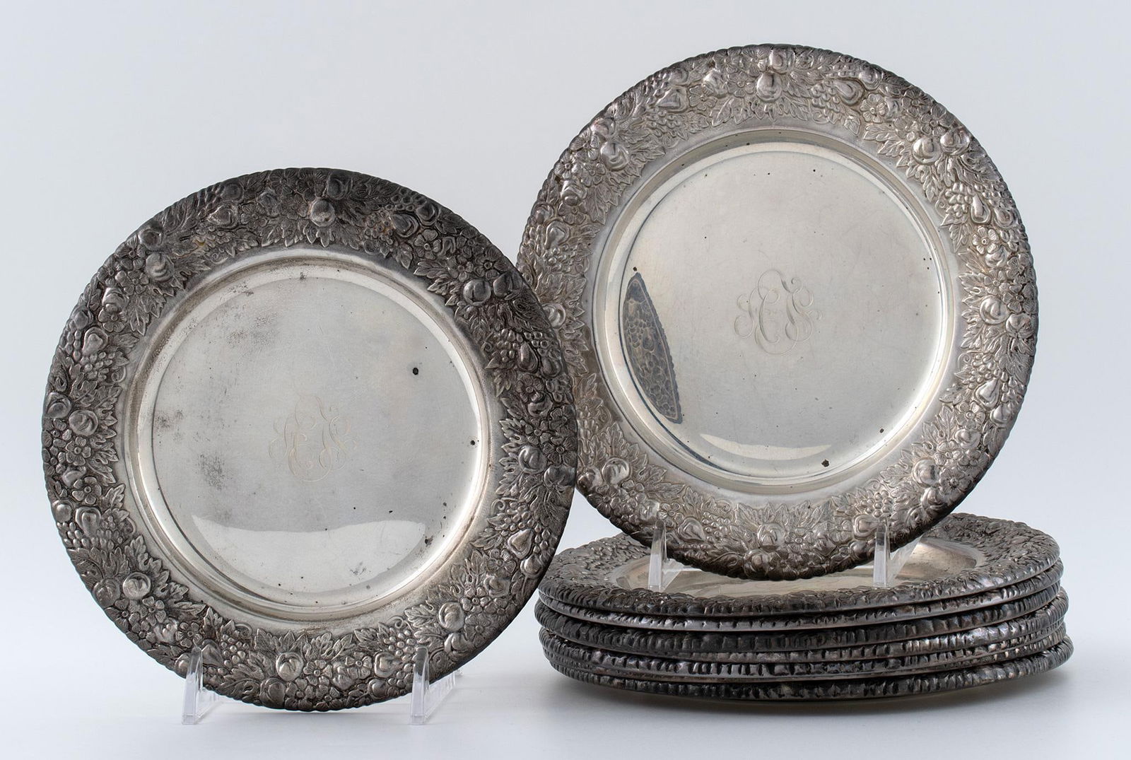 Group of 9 Sterling Repousse Bread Plates (1 of 2)