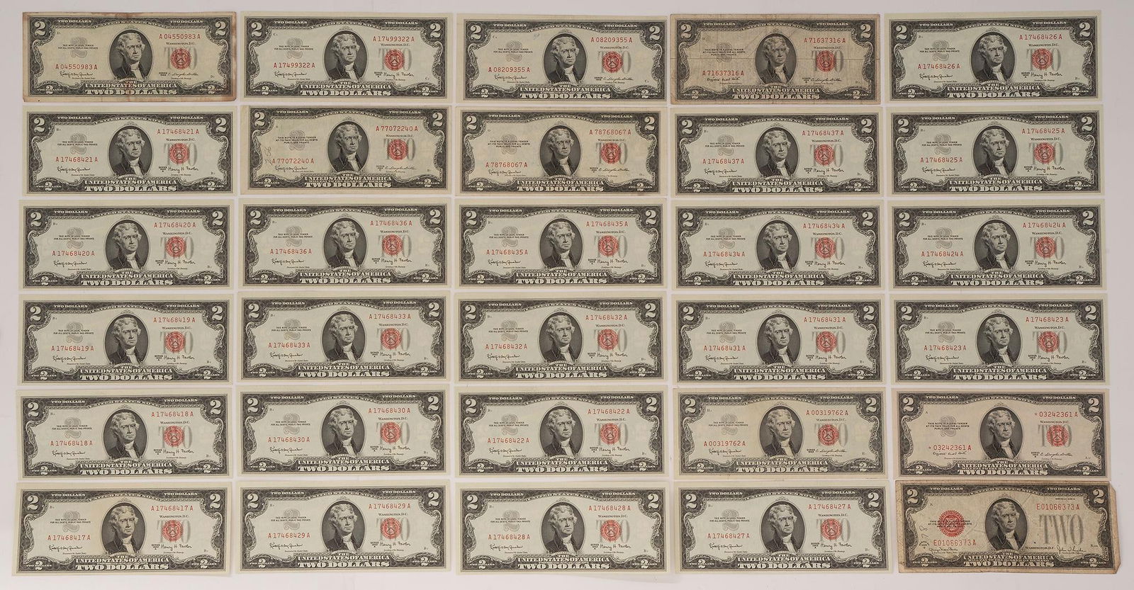 A Group of 30 United States 1953 & 1963 Two Dollar Bills (1 of 2)