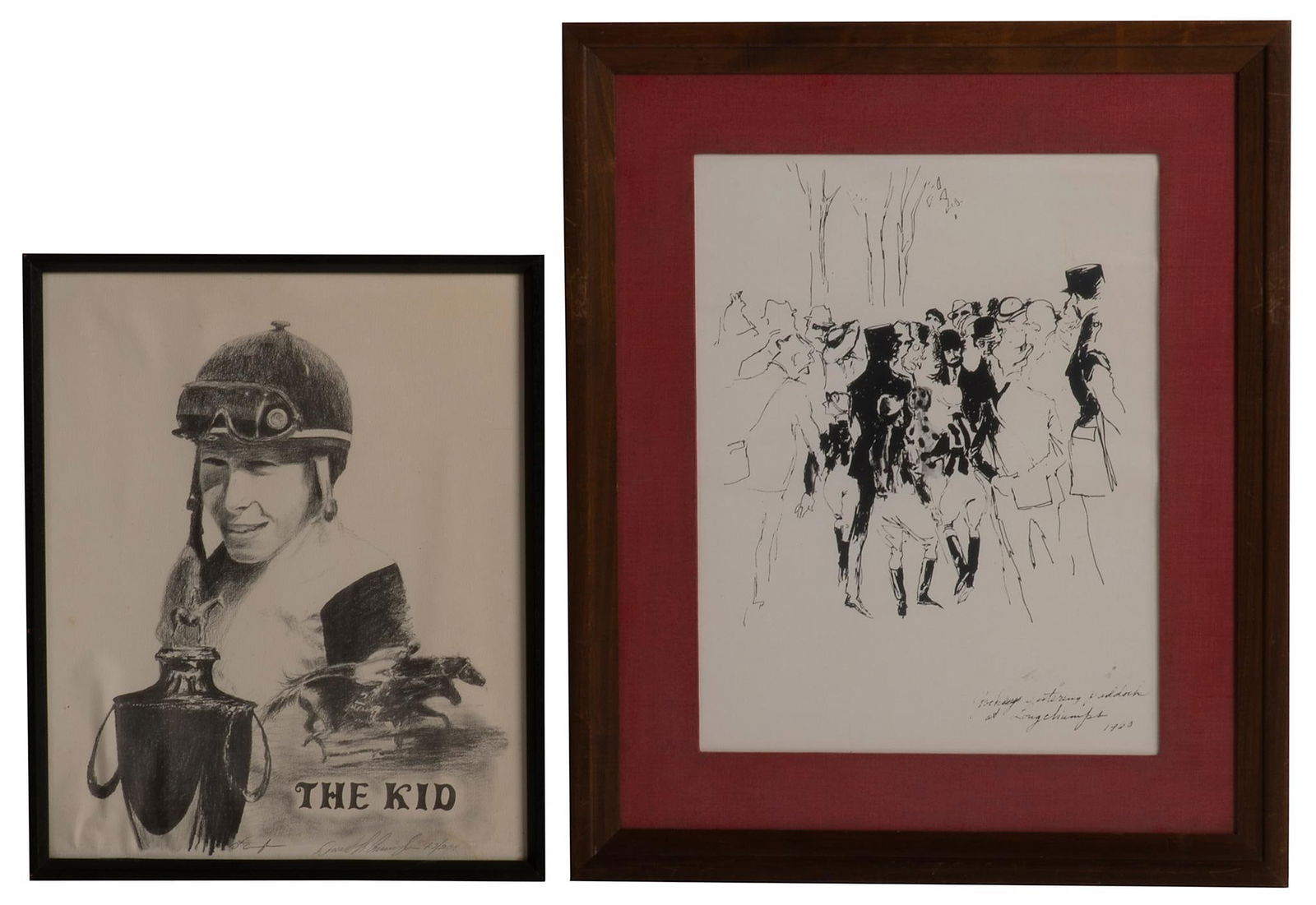 Equestrian Related Lithographs of Horse Racing and Jockeys: The Kid & Jockey on Horse on Paddock at Longchamps lithograph on paper Steve Cauthens "The Kid" Duvall signed, numbered and dated largest 17 x 13 inches (sight) 24.5 x 20.5 inches (frame) Overall