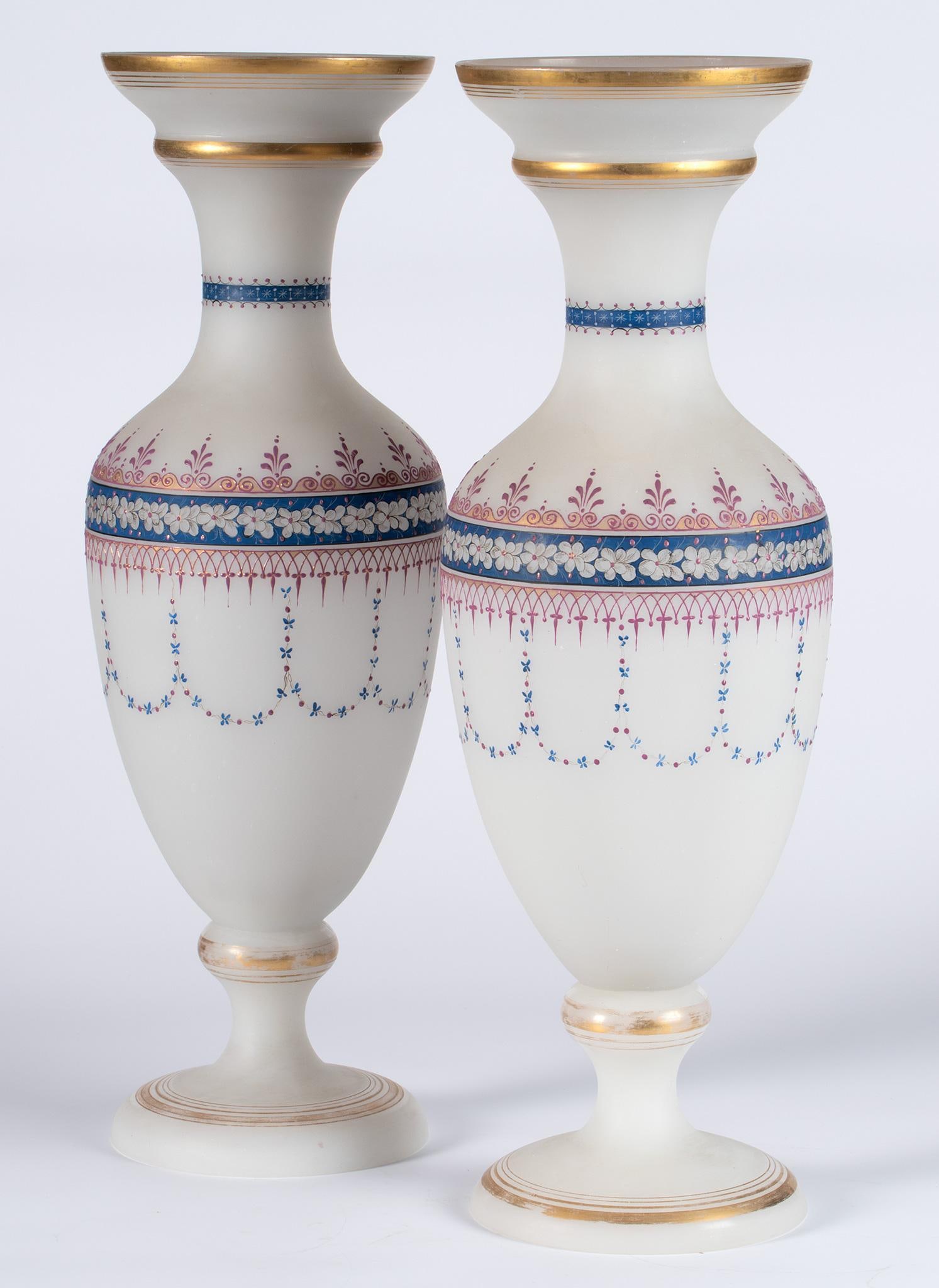 Pair of French Hand Painted Frosted Glass Vases (1 of 3)