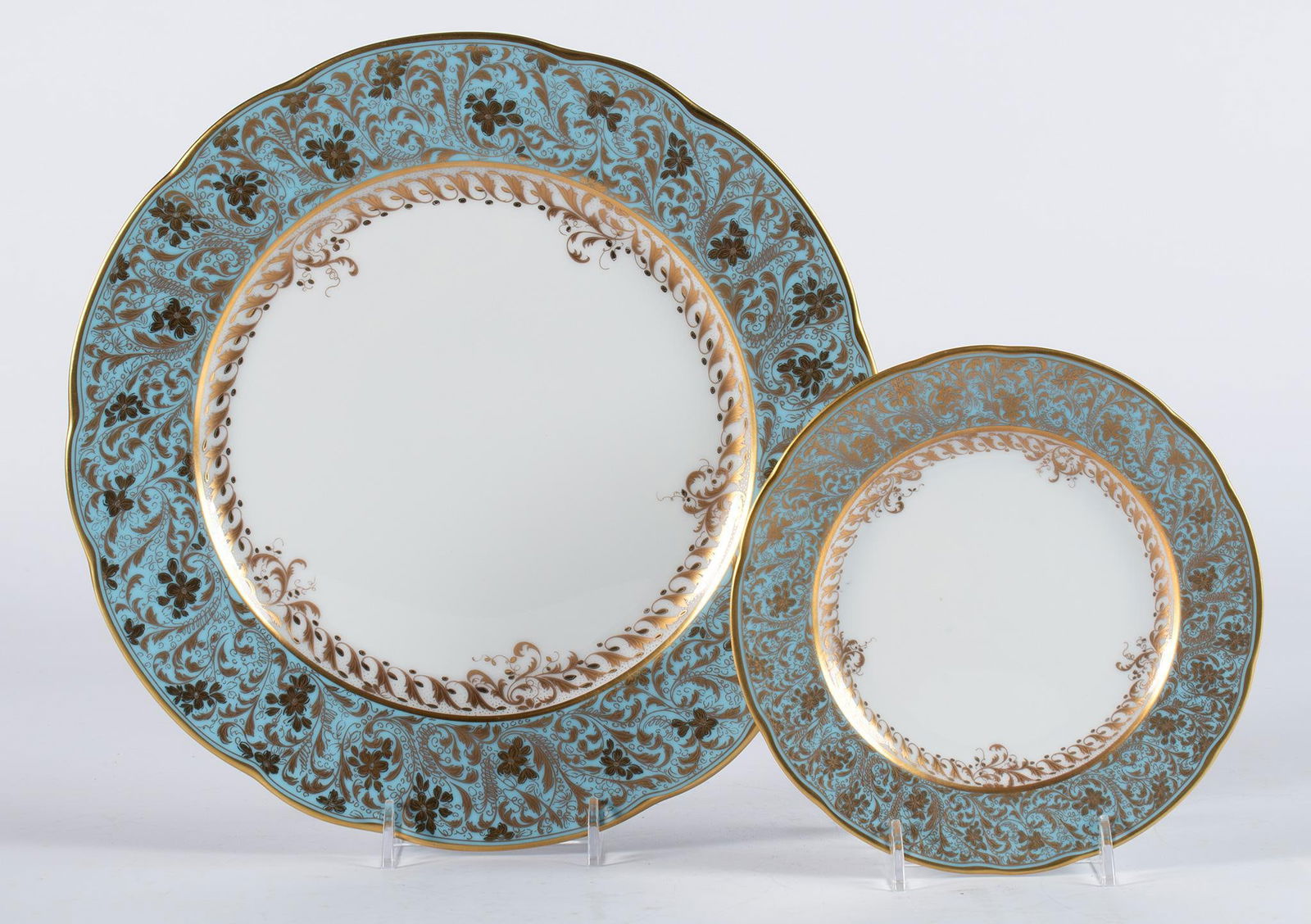 Two Porcelain Plates by Bernardaud: French, 21st century. A single dinner plus bread and butter plates by Bernardaud in the Eden Turquoise pattern; largest plate 10.5 inches. Overall very good condition.