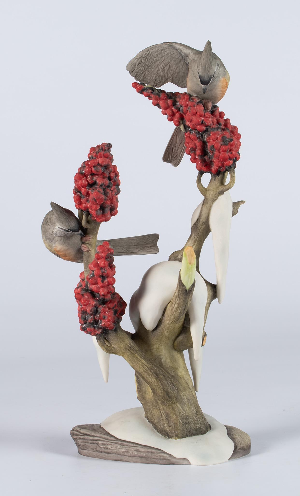 Boehm Ornithology Porcelain Sculpture of a Tufted Titmouse: American, 20th century. An ornithology bisque porcelain sculpture of a "Tufted Titmouse" by Boehm, limited edition #482; ht. 13, wd. 6, dp. 4 inches. Overall good condition. No breaks, repairs or loss