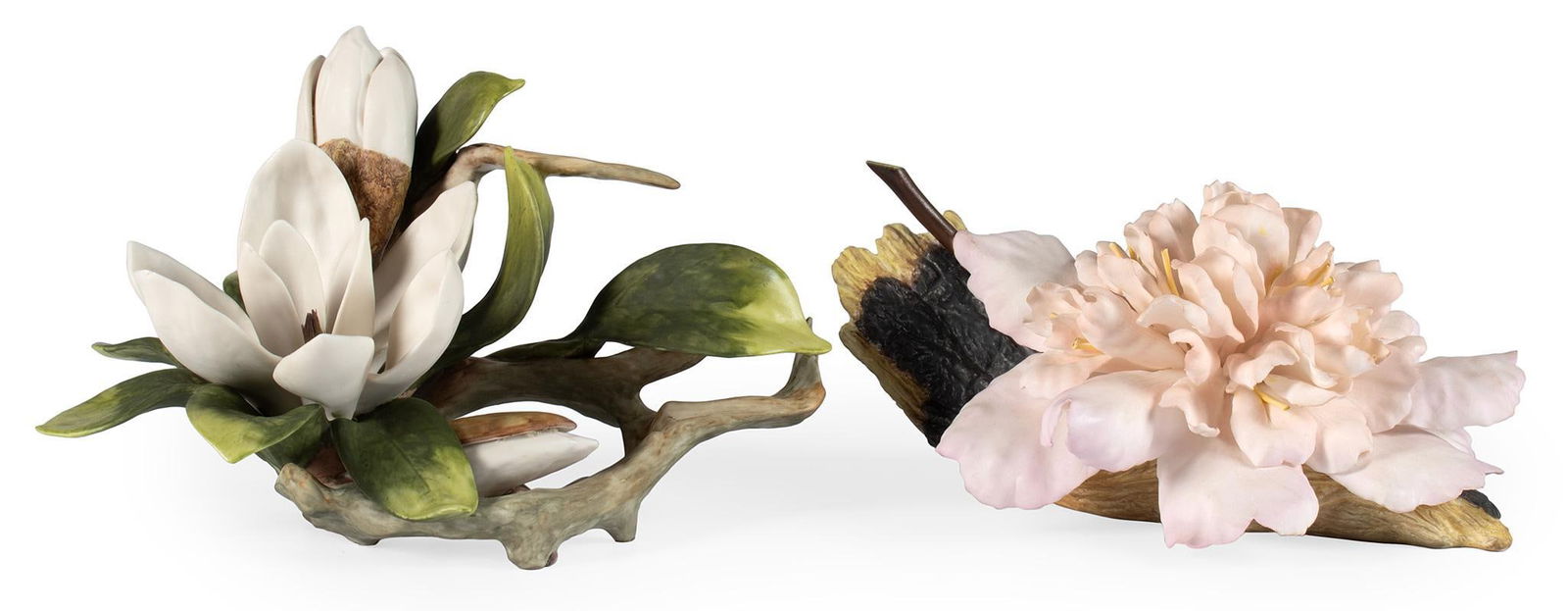 Two Botany Porcelain Sculptures by Cybis and Boehm: American, 20th century. Two bisque porcelain sculptures of flowers in nature, single sculpture signed "Cybis" plus a bone porcelain Helen Boehm Camellia #497; largest ht. 5.5, wd. 8.5, dp. 6.5 inches.