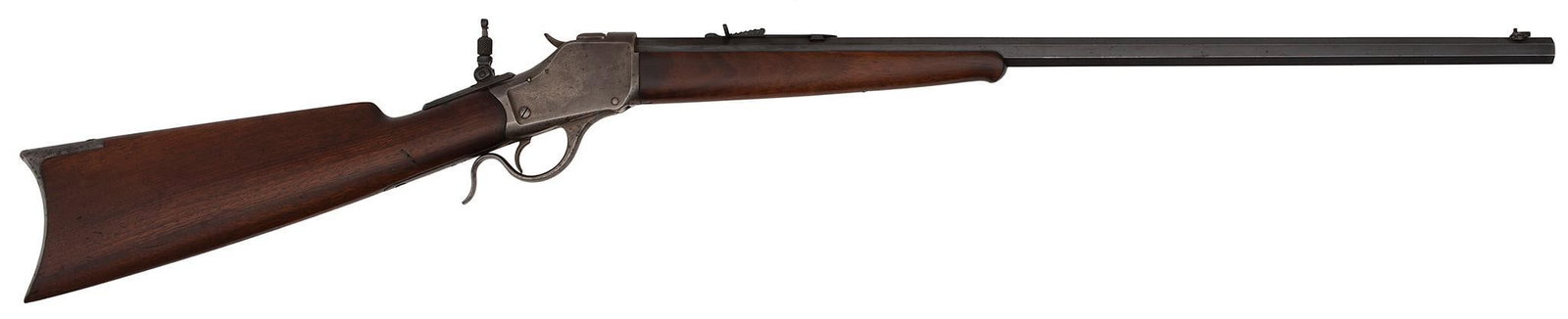 Winchester High Wall Single Shot Rifle (Antique): 25-20 caliber, 26" octagonal barrel, Number 1 barrel, S/N 4440, Hood front sight with a lyman tang sight. Standard rear barrel sight. Walnut stock and forearm. The barrel and frame has Winchester proo