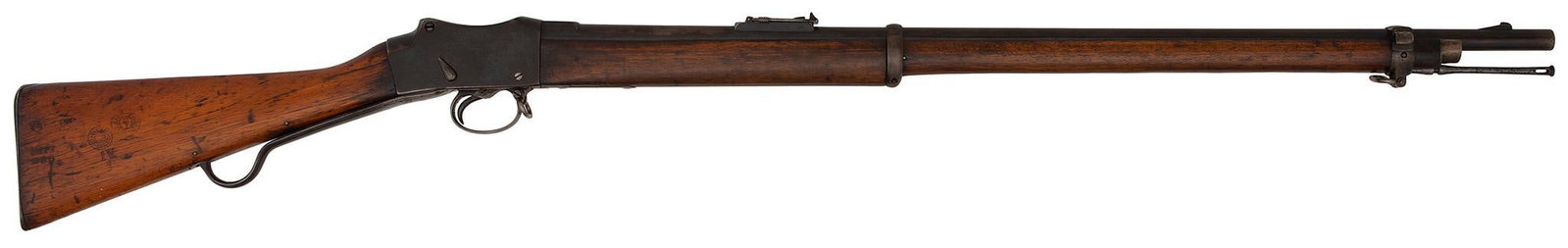 British Martini Henry Mk. IV Military Rifle: .577-450 caliber, 33" barrel, No S/N. The receiver is marked with a British crown over V.R., Enfield 1887 and IV/1. The metal retains some of its blued finish. Wood has sdeveral proof marks and number