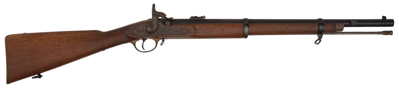 Parker-Hale Short Percussion Rifle: .58 caliber, 23.5" barrel, No S/N. Desirable, well made copy of an Enfield artillery carbine. Lock is marked Enfield 1861 with a Crown over P-H, barrel marked Parker Hale, Birmingham, England and stoc